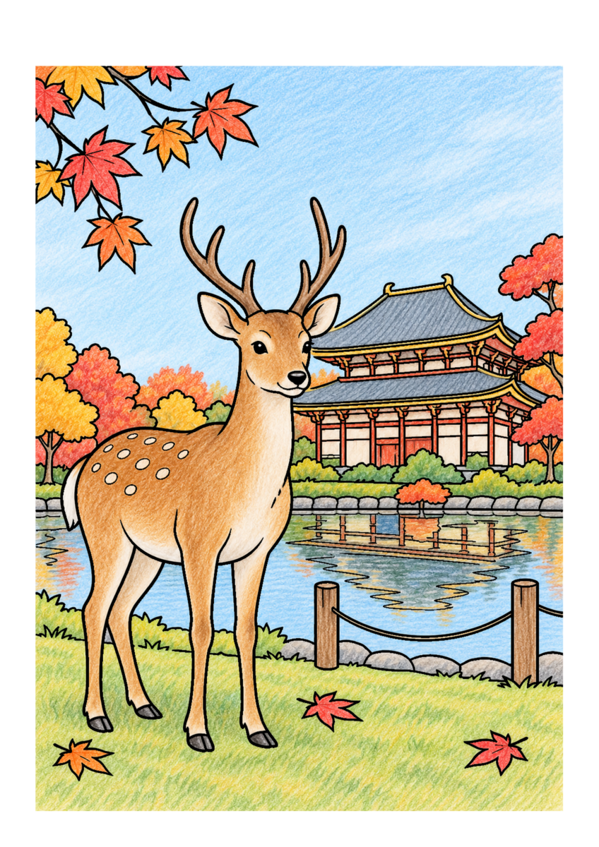 奈良公園と鹿を主役に、晩秋の季節感が伝わる自然な一場面を建物や景観の自然な色、紅葉の朱と黄、空の淡い青で仕上げた着色見本