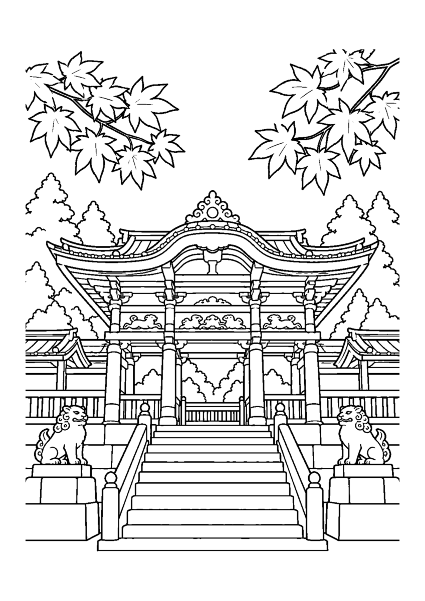 日光東照宮の紅葉を主役に、晩秋の季節感が伝わる自然な一場面を描いた高齢者向けの白黒塗り絵