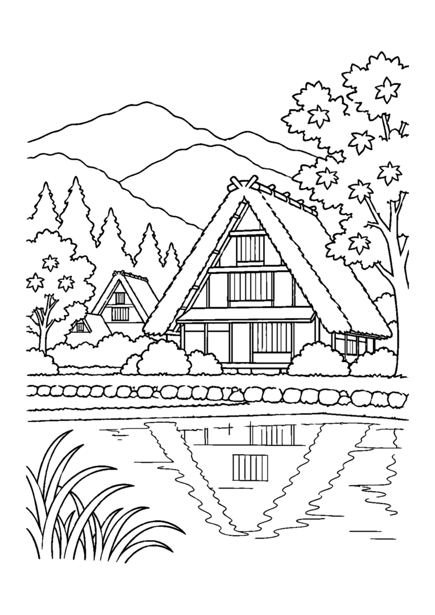白川郷の合掌造りを主役に、晩秋の季節感が伝わる自然な一場面を描いた高齢者向けの白黒塗り絵