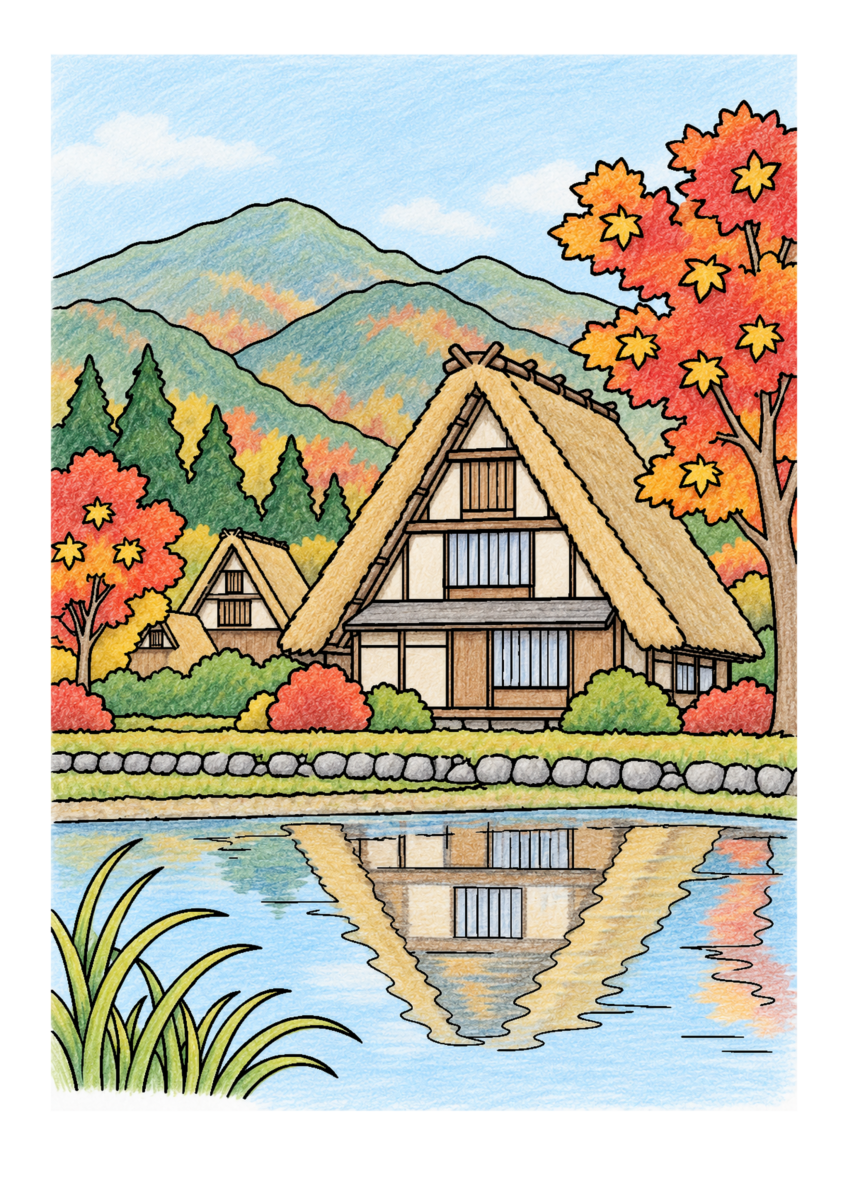 白川郷の合掌造りを主役に、晩秋の季節感が伝わる自然な一場面を建物や景観の自然な色、紅葉の朱と黄、空の淡い青で仕上げた着色見本