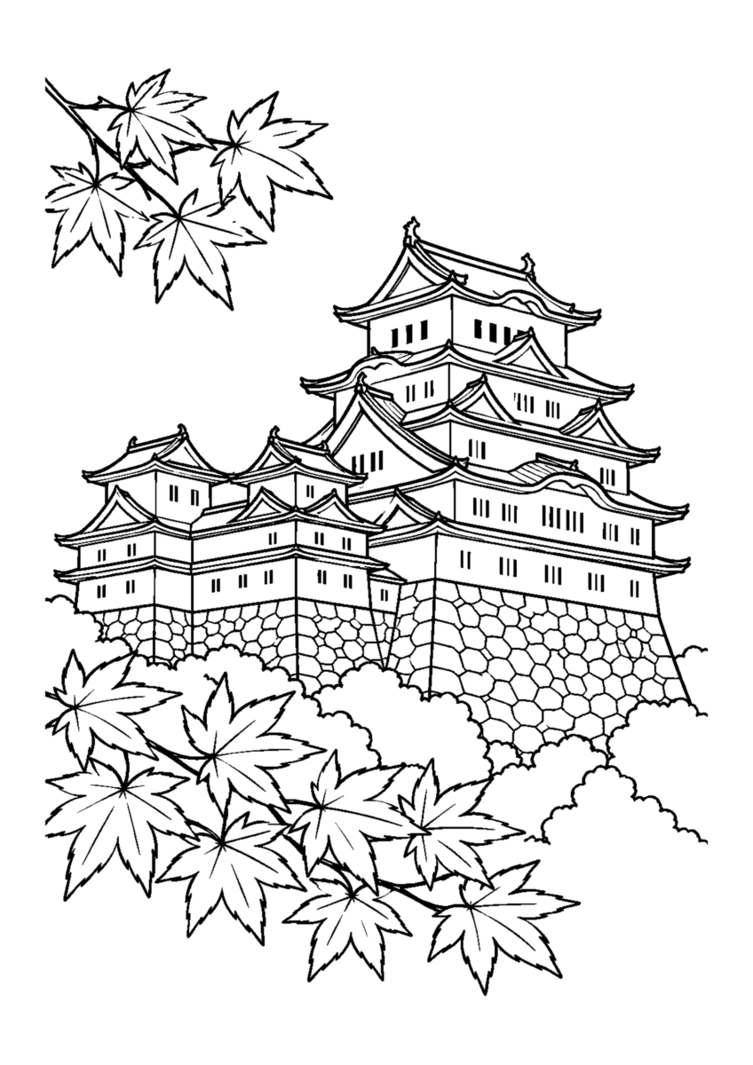 姫路城と紅葉を主役に、晩秋の季節感が伝わる自然な一場面を描いた高齢者向けの白黒塗り絵