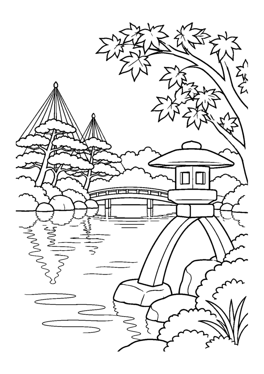 金沢兼六園を主役に、晩秋の季節感が伝わる自然な一場面を描いた高齢者向けの白黒塗り絵