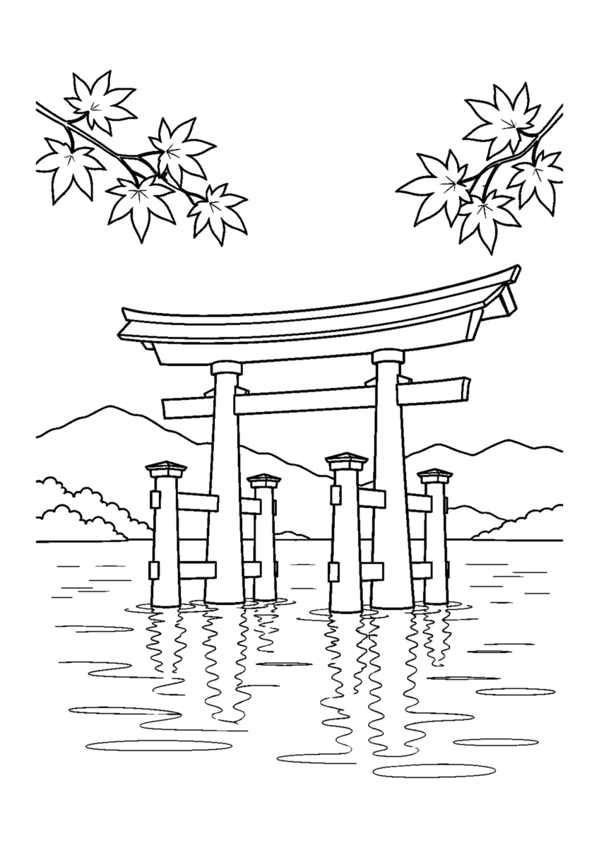 宮島の大鳥居を主役に、晩秋の季節感が伝わる自然な一場面を描いた高齢者向けの白黒塗り絵