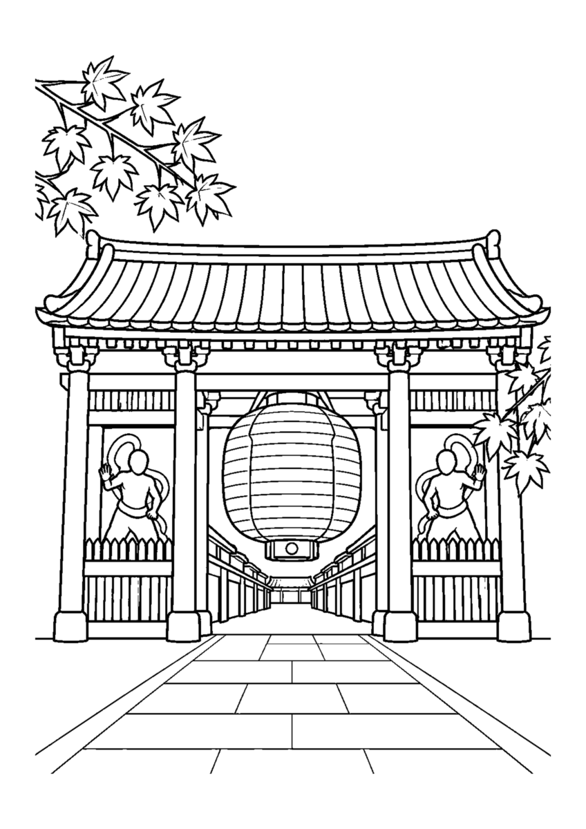 浅草雷門を主役に、晩秋の季節感が伝わる自然な一場面を描いた高齢者向けの白黒塗り絵