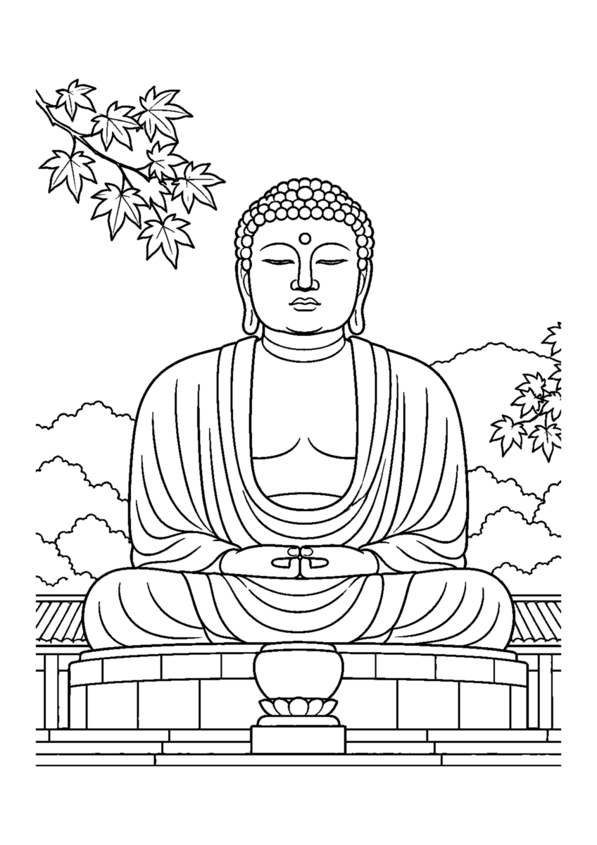 鎌倉大仏を主役に、晩秋の季節感が伝わる自然な一場面を描いた高齢者向けの白黒塗り絵