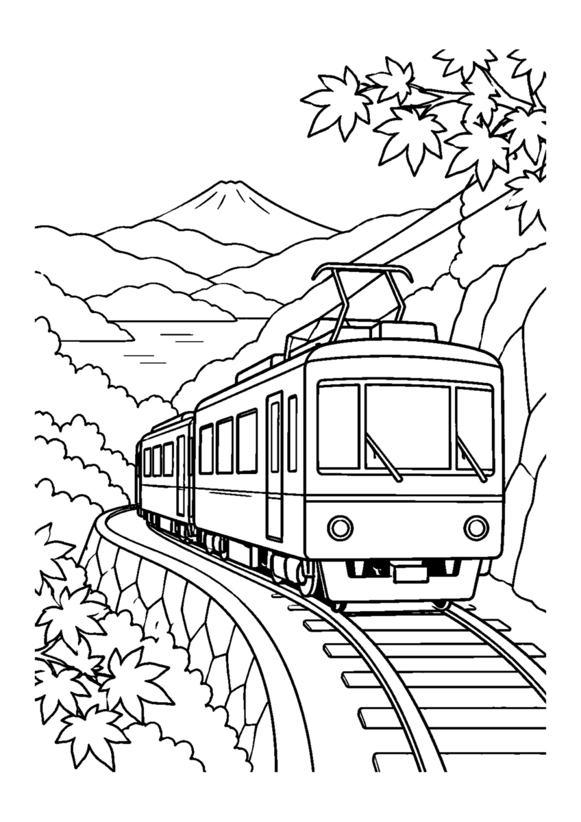 箱根登山鉄道を主役に、晩秋の季節感が伝わる自然な一場面を描いた高齢者向けの白黒塗り絵