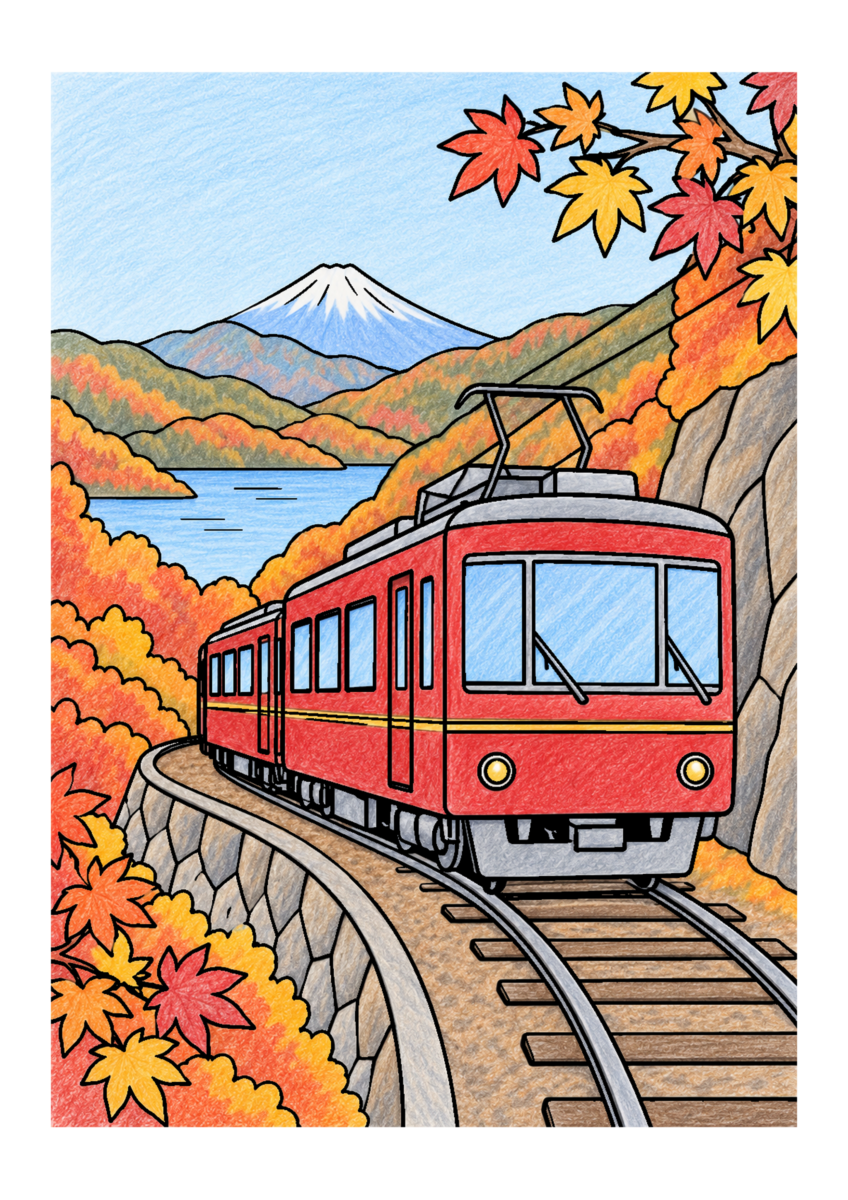 箱根登山鉄道を主役に、晩秋の季節感が伝わる自然な一場面を建物や景観の自然な色、紅葉の朱と黄、空の淡い青で仕上げた着色見本