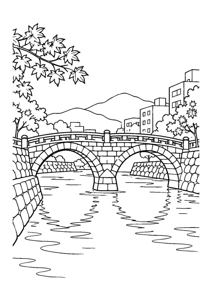長崎眼鏡橋を主役に、晩秋の季節感が伝わる自然な一場面を描いた高齢者向けの白黒塗り絵
