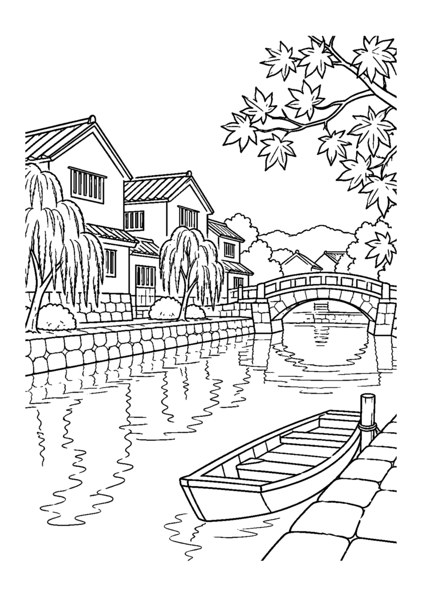 倉敷美観地区を主役に、晩秋の季節感が伝わる自然な一場面を描いた高齢者向けの白黒塗り絵