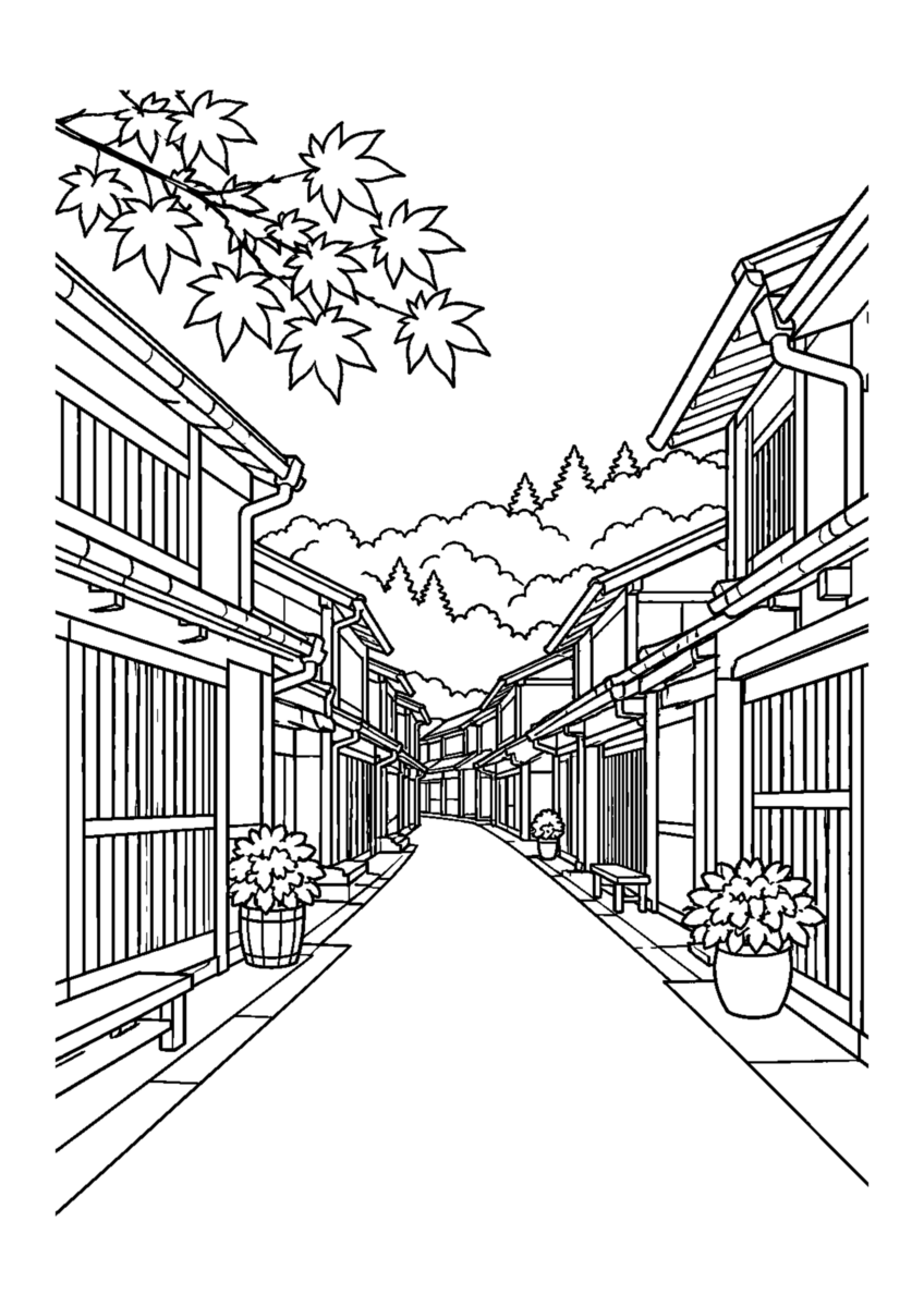 高山の古い町並みを主役に、晩秋の季節感が伝わる自然な一場面を描いた高齢者向けの白黒塗り絵