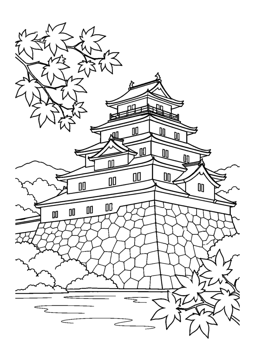 会津鶴ヶ城を主役に、晩秋の季節感が伝わる自然な一場面を描いた高齢者向けの白黒塗り絵