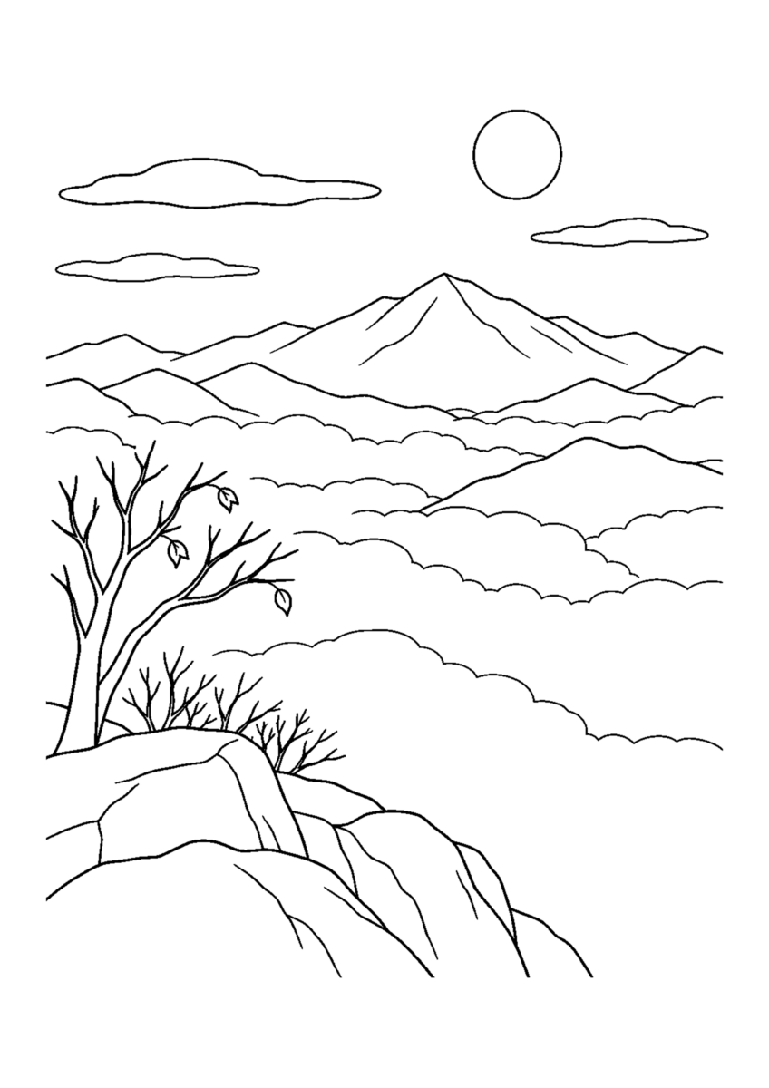 【自然風景】雲海の山並みの塗り絵