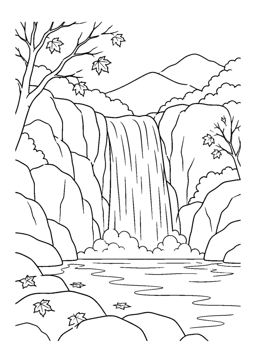 【自然風景】晩秋の滝の塗り絵