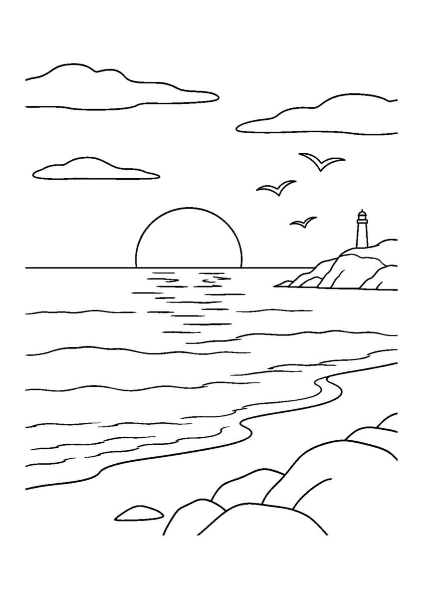 【自然風景】海辺の夕日の塗り絵