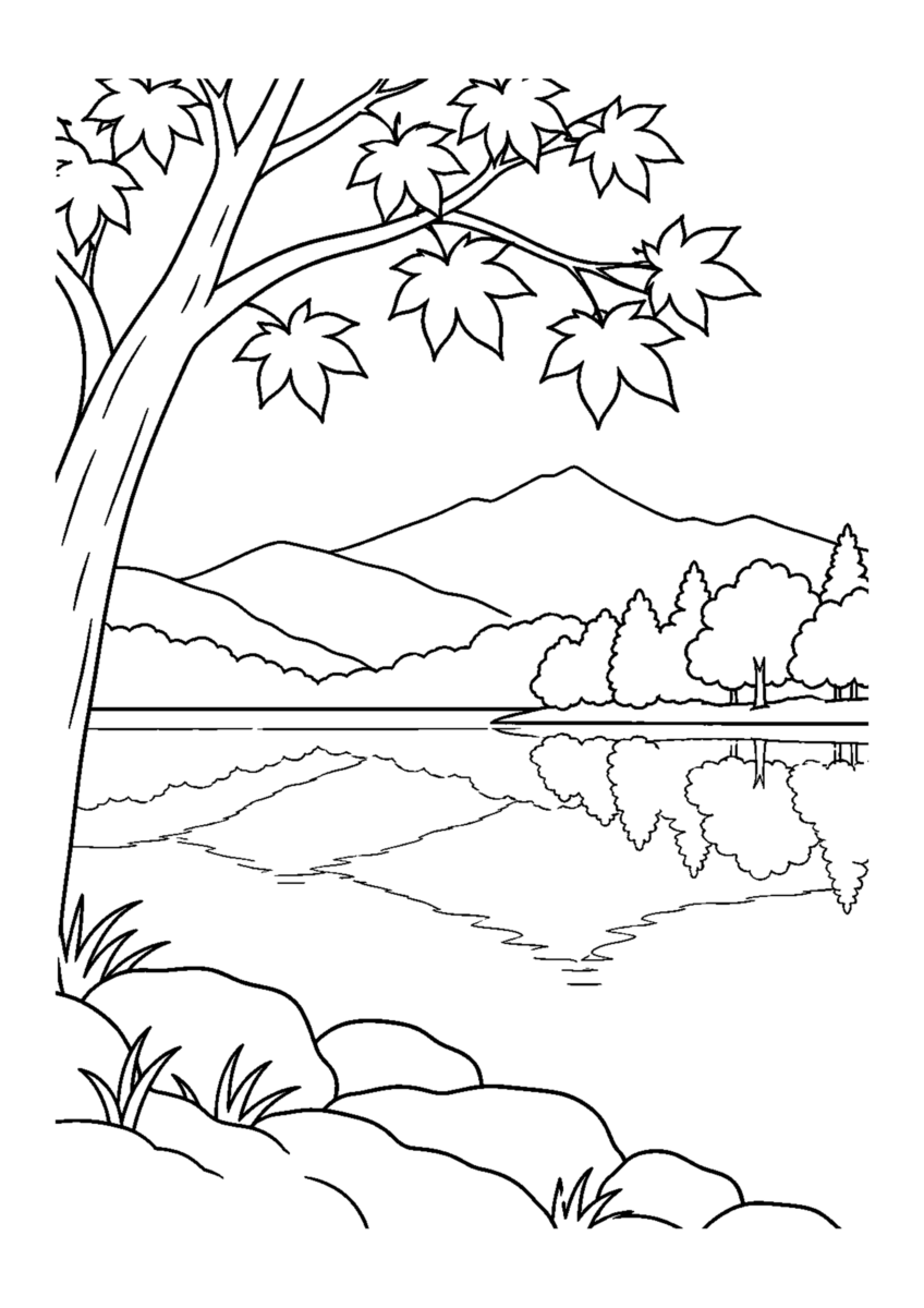 【自然風景】湖畔の紅葉映りの塗り絵