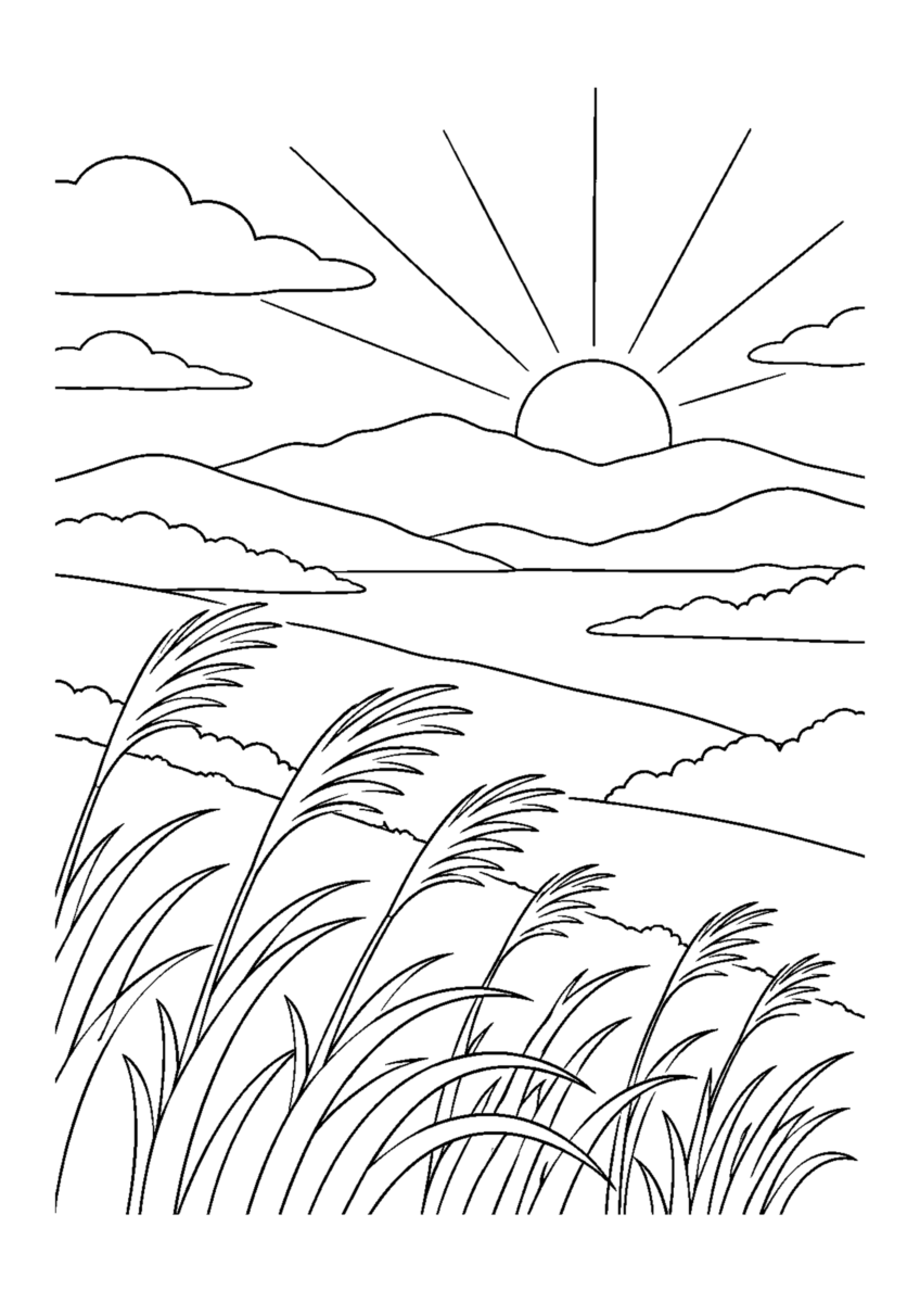 【自然風景】ススキ丘の朝日の塗り絵