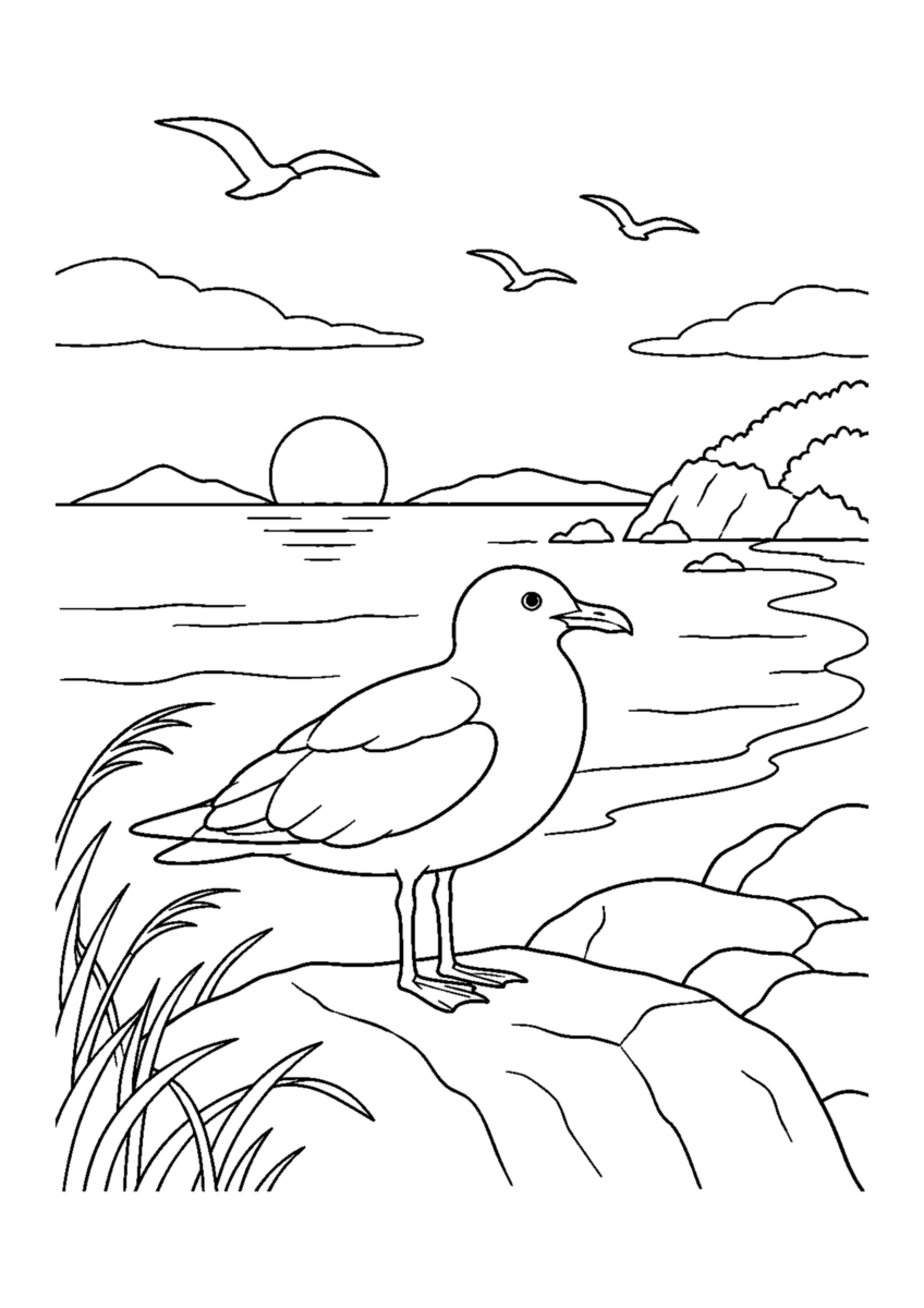 【自然風景】冬鳥の海岸の塗り絵