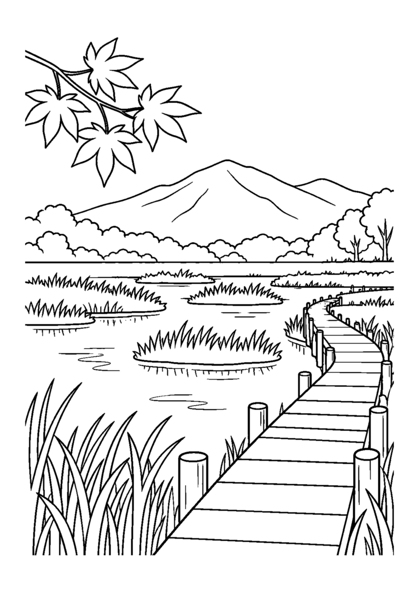 【自然風景】紅葉の湿原の塗り絵