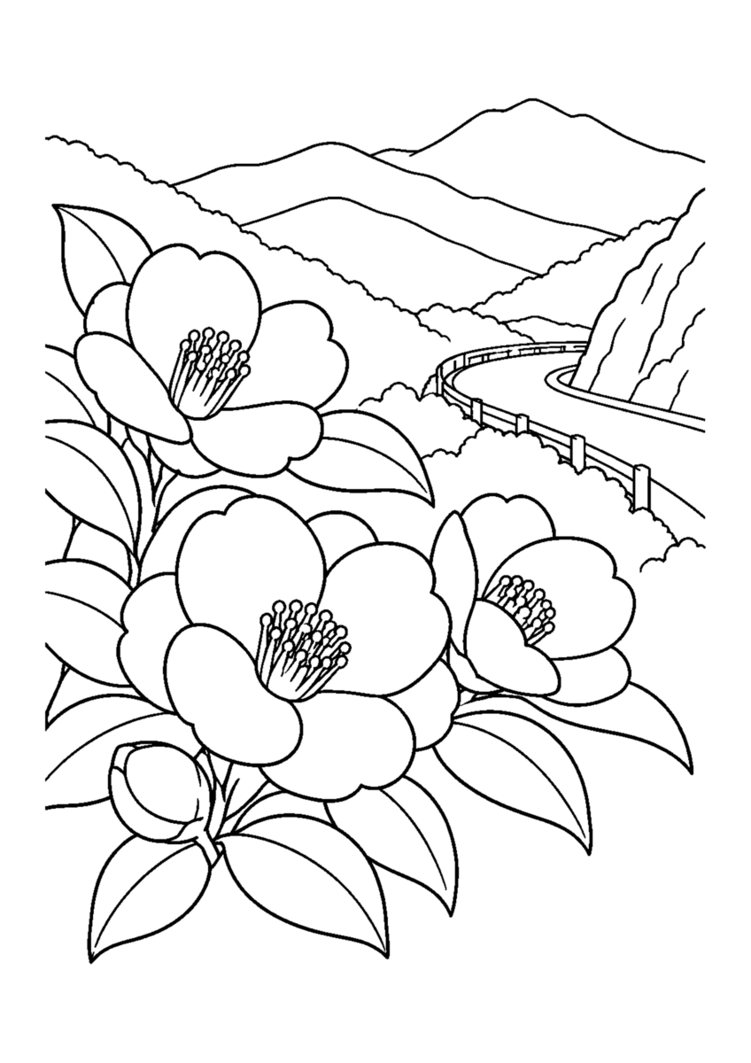 【自然風景】峠の山茶花の塗り絵