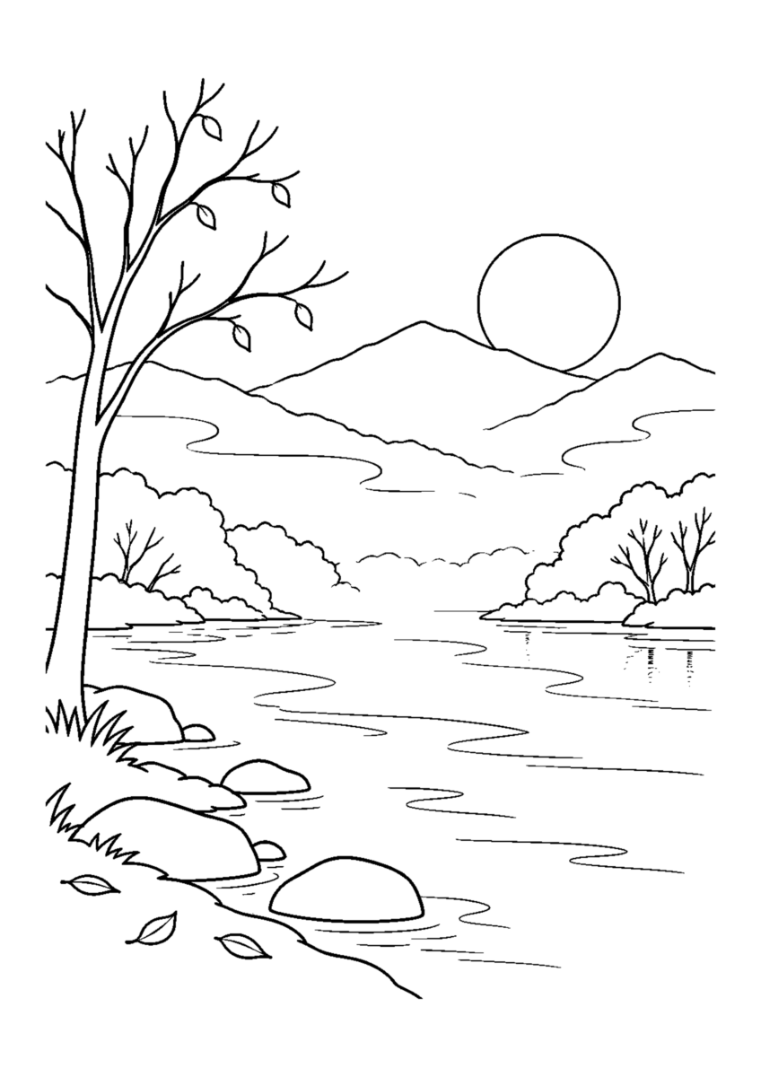 【自然風景】川面の朝靄の塗り絵