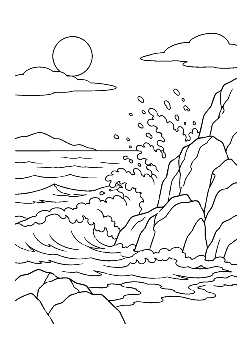 【自然風景】岩場の波しぶきの塗り絵