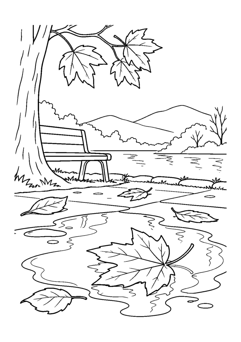 【自然風景】雨上がりの落ち葉の塗り絵
