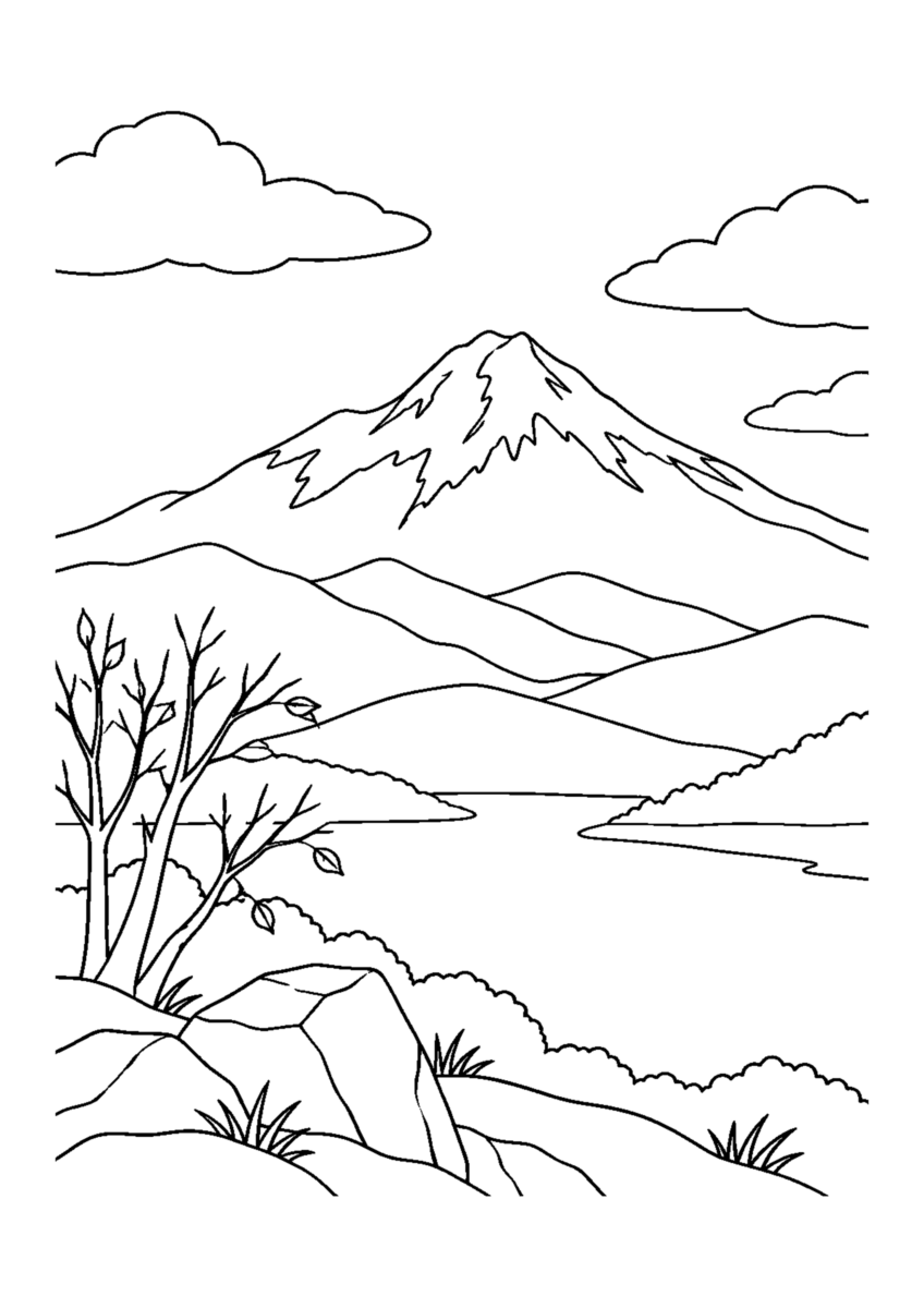【自然風景】初雪の山頂の塗り絵