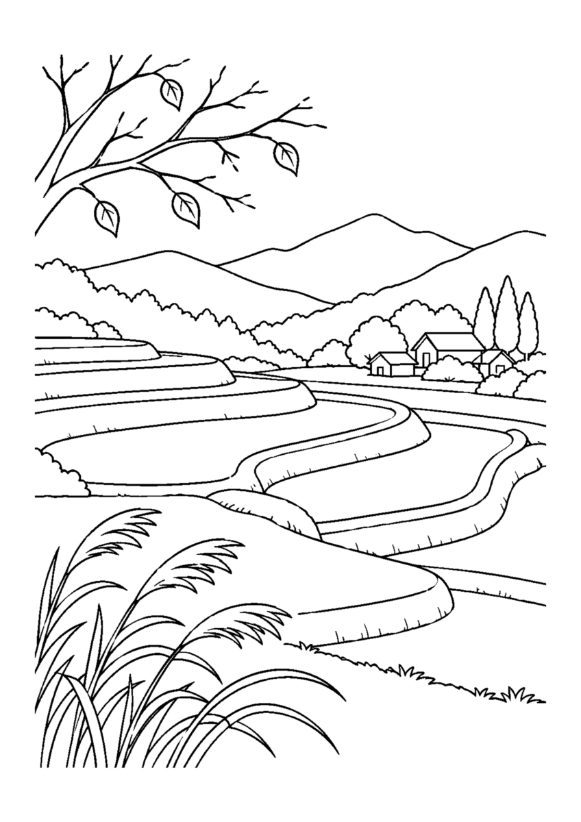 【自然風景】晩秋の棚田の塗り絵