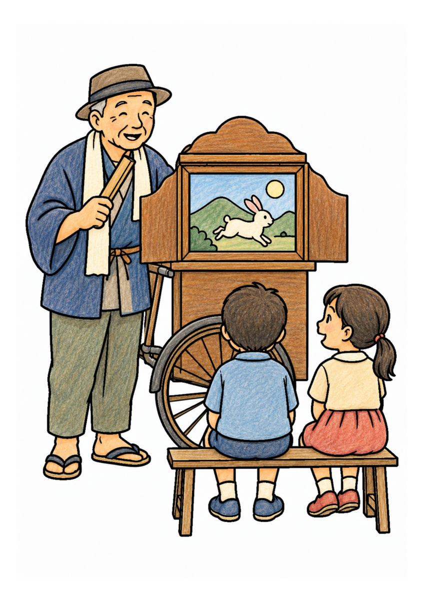 紙芝居屋さんを主役に、晩秋の季節感が伝わる自然な一場面を木や紙、布の自然な色、懐かしさを感じる穏やかな暖色で仕上げた着色見本