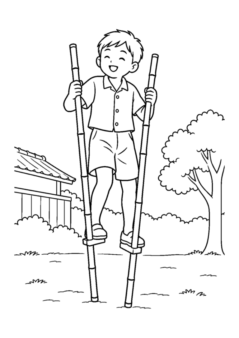 竹馬遊びを主役に、晩秋の季節感が伝わる自然な一場面を描いた高齢者向けの白黒塗り絵
