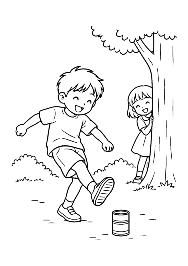 缶蹴りを主役に、晩秋の季節感が伝わる自然な一場面を描いた高齢者向けの白黒塗り絵