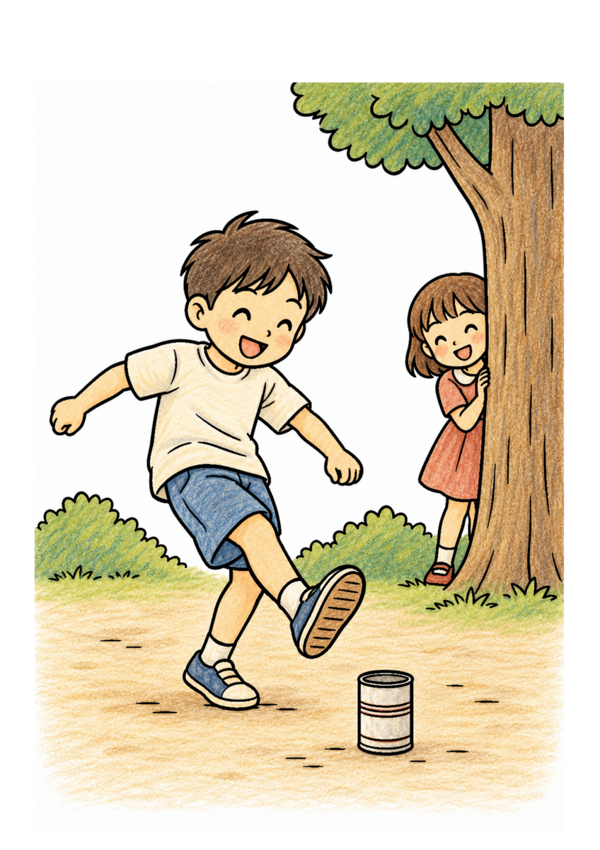 缶蹴りを主役に、晩秋の季節感が伝わる自然な一場面を木や紙、布の自然な色、懐かしさを感じる穏やかな暖色で仕上げた着色見本