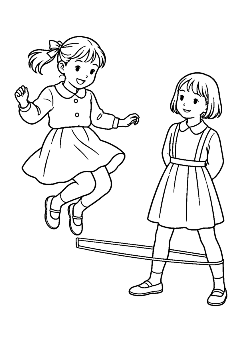 ゴム跳びを主役に、晩秋の季節感が伝わる自然な一場面を描いた高齢者向けの白黒塗り絵