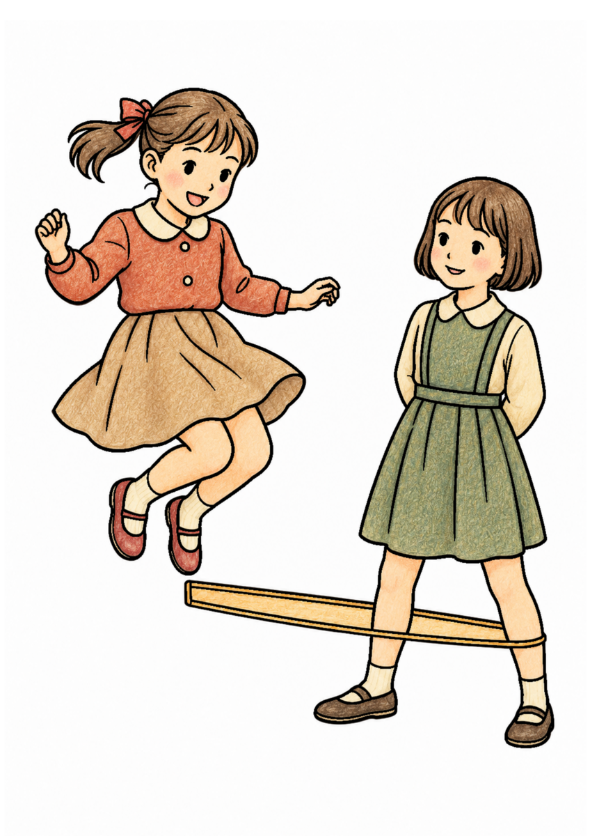 ゴム跳びを主役に、晩秋の季節感が伝わる自然な一場面を木や紙、布の自然な色、懐かしさを感じる穏やかな暖色で仕上げた着色見本