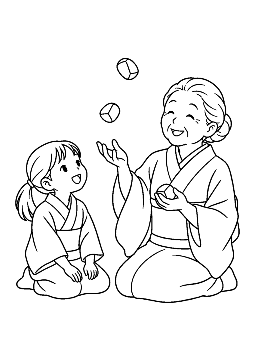 お手玉を主役に、晩秋の季節感が伝わる自然な一場面を描いた高齢者向けの白黒塗り絵