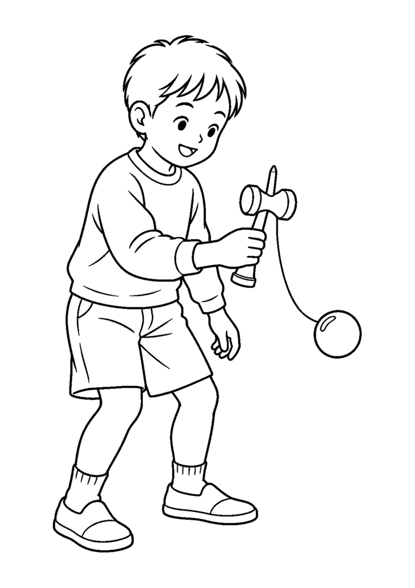 けん玉を主役に、晩秋の季節感が伝わる自然な一場面を描いた高齢者向けの白黒塗り絵