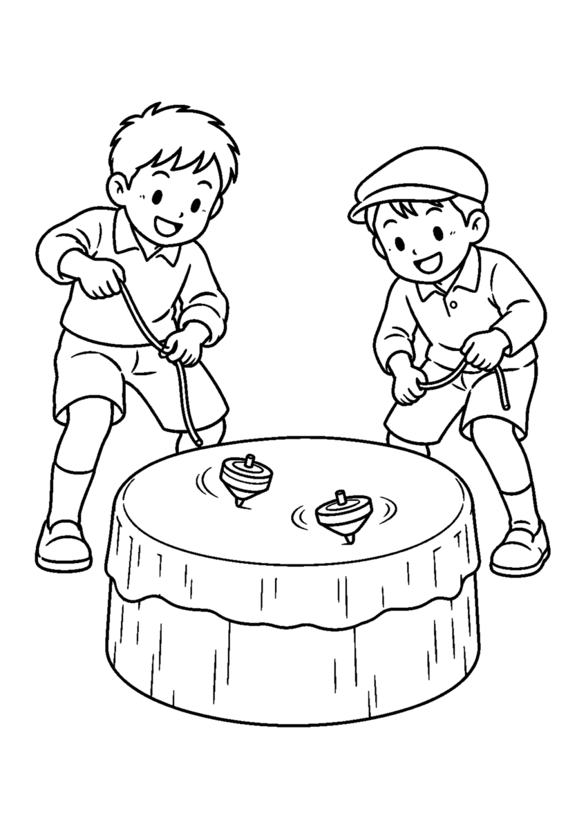 ベーゴマを主役に、晩秋の季節感が伝わる自然な一場面を描いた高齢者向けの白黒塗り絵
