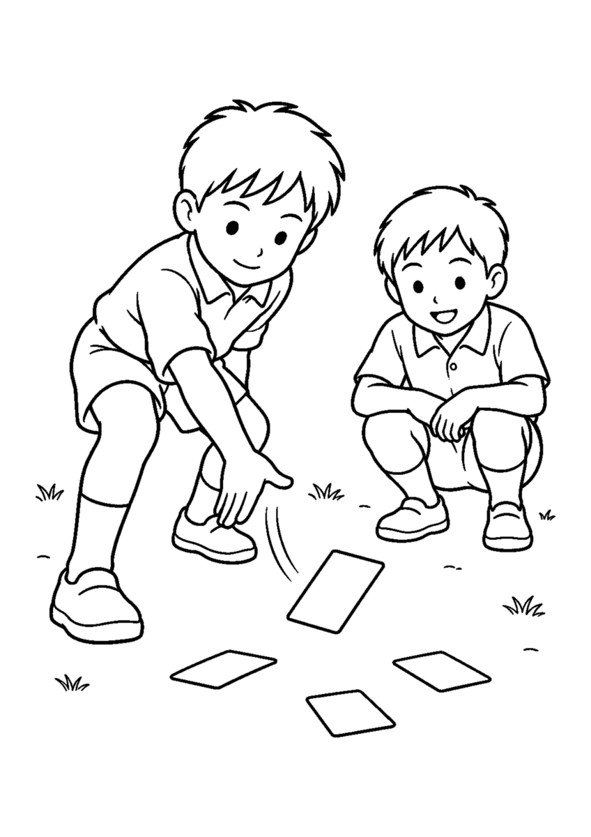 メンコを主役に、晩秋の季節感が伝わる自然な一場面を描いた高齢者向けの白黒塗り絵