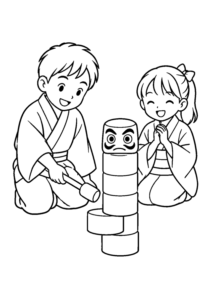 だるま落としを主役に、晩秋の季節感が伝わる自然な一場面を描いた高齢者向けの白黒塗り絵