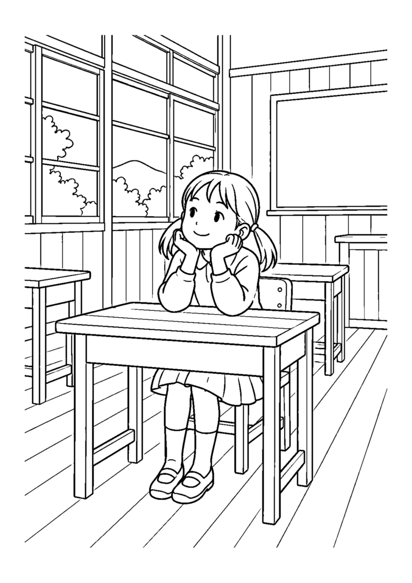 木造校舎の教室を主役に、晩秋の季節感が伝わる自然な一場面を描いた高齢者向けの白黒塗り絵