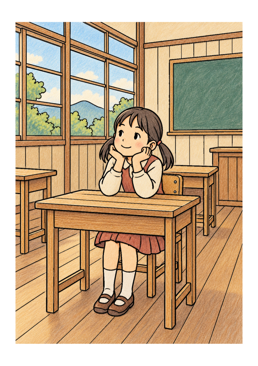 木造校舎の教室を主役に、晩秋の季節感が伝わる自然な一場面を木や紙、布の自然な色、懐かしさを感じる穏やかな暖色で仕上げた着色見本
