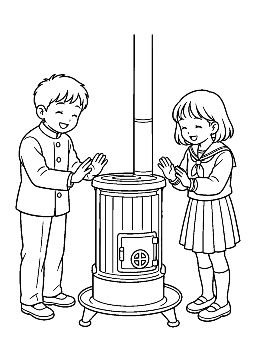 【昔の暮らし】学校の石炭ストーブの塗り絵