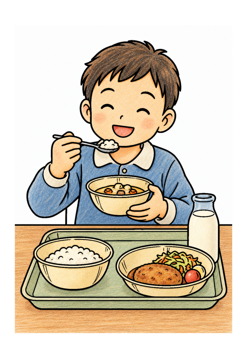 給食のアルミ食器を主役に、晩秋の季節感が伝わる自然な一場面を木や紙、布の自然な色、懐かしさを感じる穏やかな暖色で仕上げた着色見本