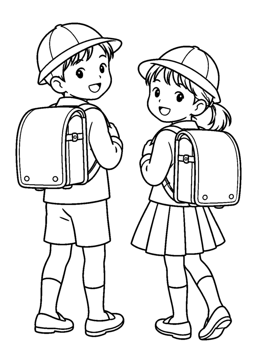 【昔の暮らし】ランドセルと通学帽の塗り絵