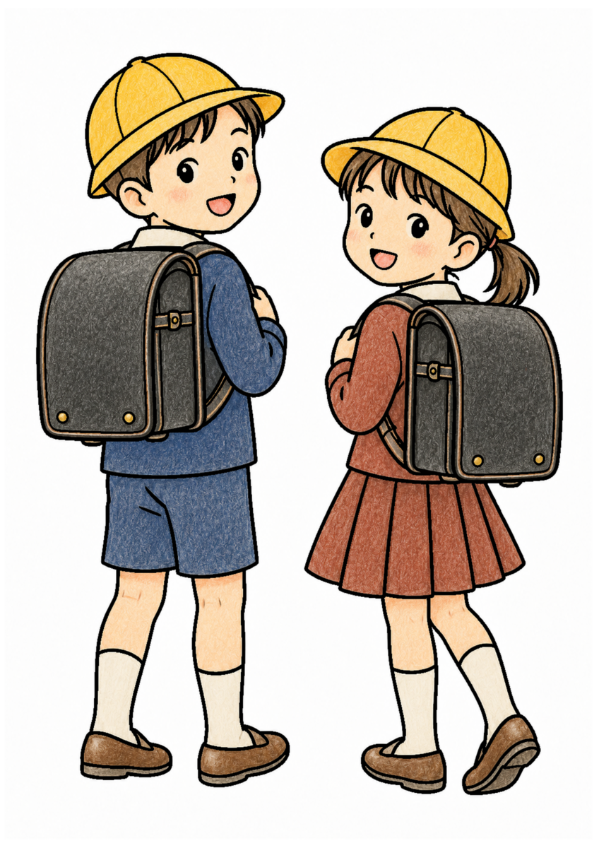 ランドセルと通学帽を主役に、晩秋の季節感が伝わる自然な一場面を木や紙、布の自然な色、懐かしさを感じる穏やかな暖色で仕上げた着色見本
