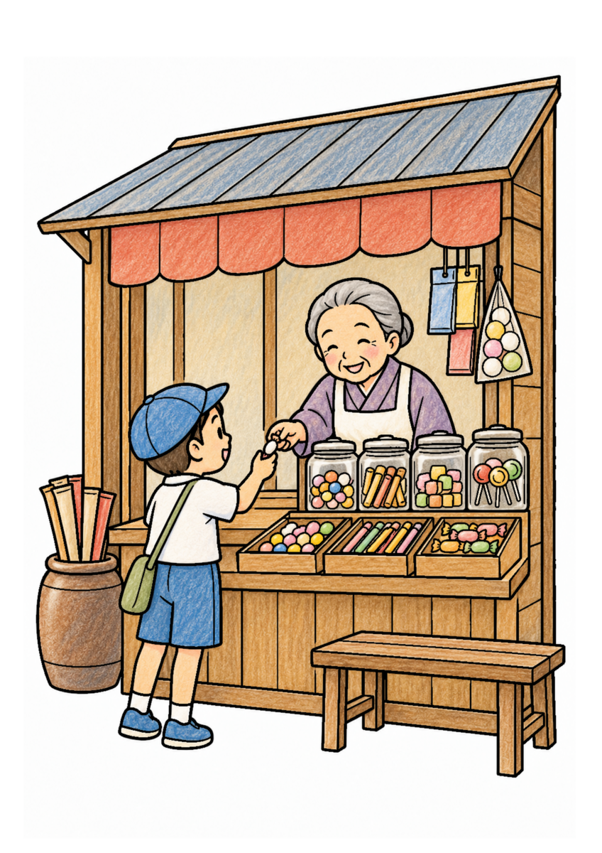 駄菓子屋を主役に、晩秋の季節感が伝わる自然な一場面を木や紙、布の自然な色、懐かしさを感じる穏やかな暖色で仕上げた着色見本