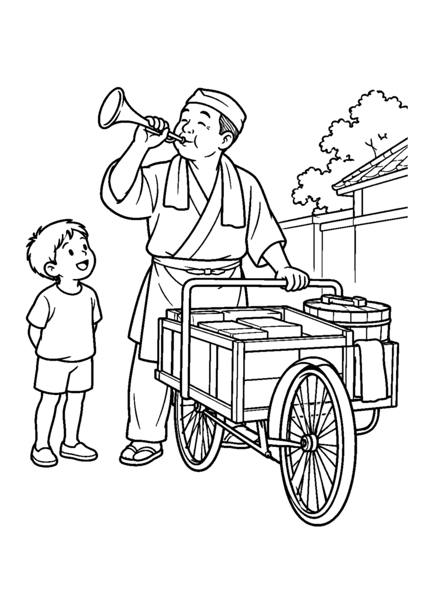 【昔の暮らし】豆腐屋のラッパの塗り絵
