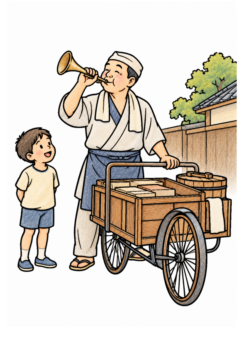 豆腐屋のラッパを主役に、晩秋の季節感が伝わる自然な一場面を木や紙、布の自然な色、懐かしさを感じる穏やかな暖色で仕上げた着色見本