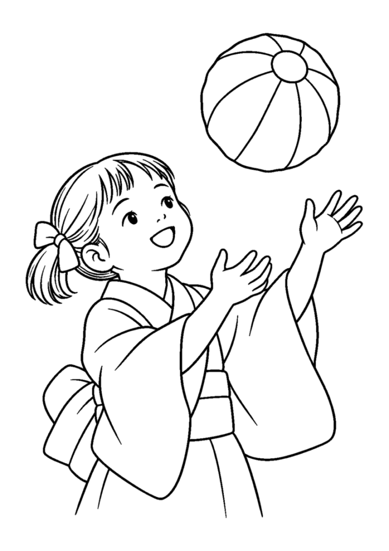 紙風船を主役に、晩秋の季節感が伝わる自然な一場面を描いた高齢者向けの白黒塗り絵