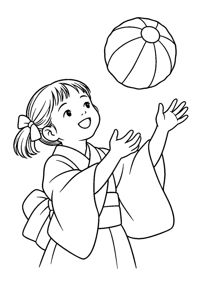 紙風船を主役に、晩秋の季節感が伝わる自然な一場面を描いた高齢者向けの白黒塗り絵